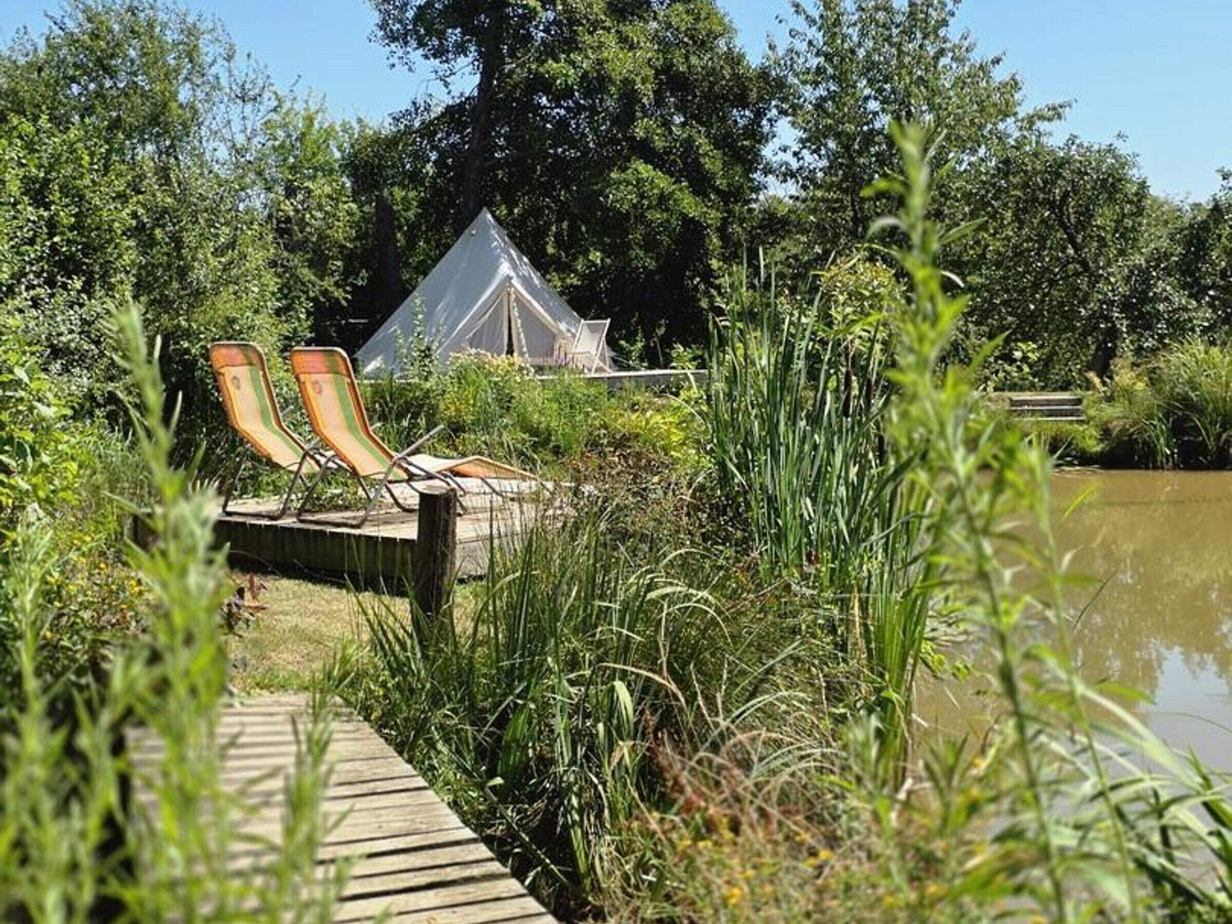 Une terrasse en bois mène à un hébergement aménagé sous une tente, entouré d’une végétation luxuriante et bordé par un plan d’eau.