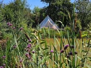 A tent-like structure in a natural setting with water and vegetation.