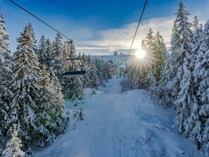 Ein verschneiter Ski-Hang mit Sessellift, Bäumen und blauem Himmel.