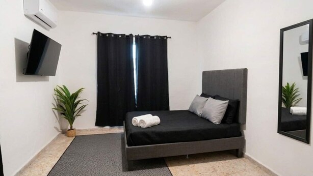 A modern bedroom with a bed, a flat-screen TV, a potted plant, and a window with curtains.