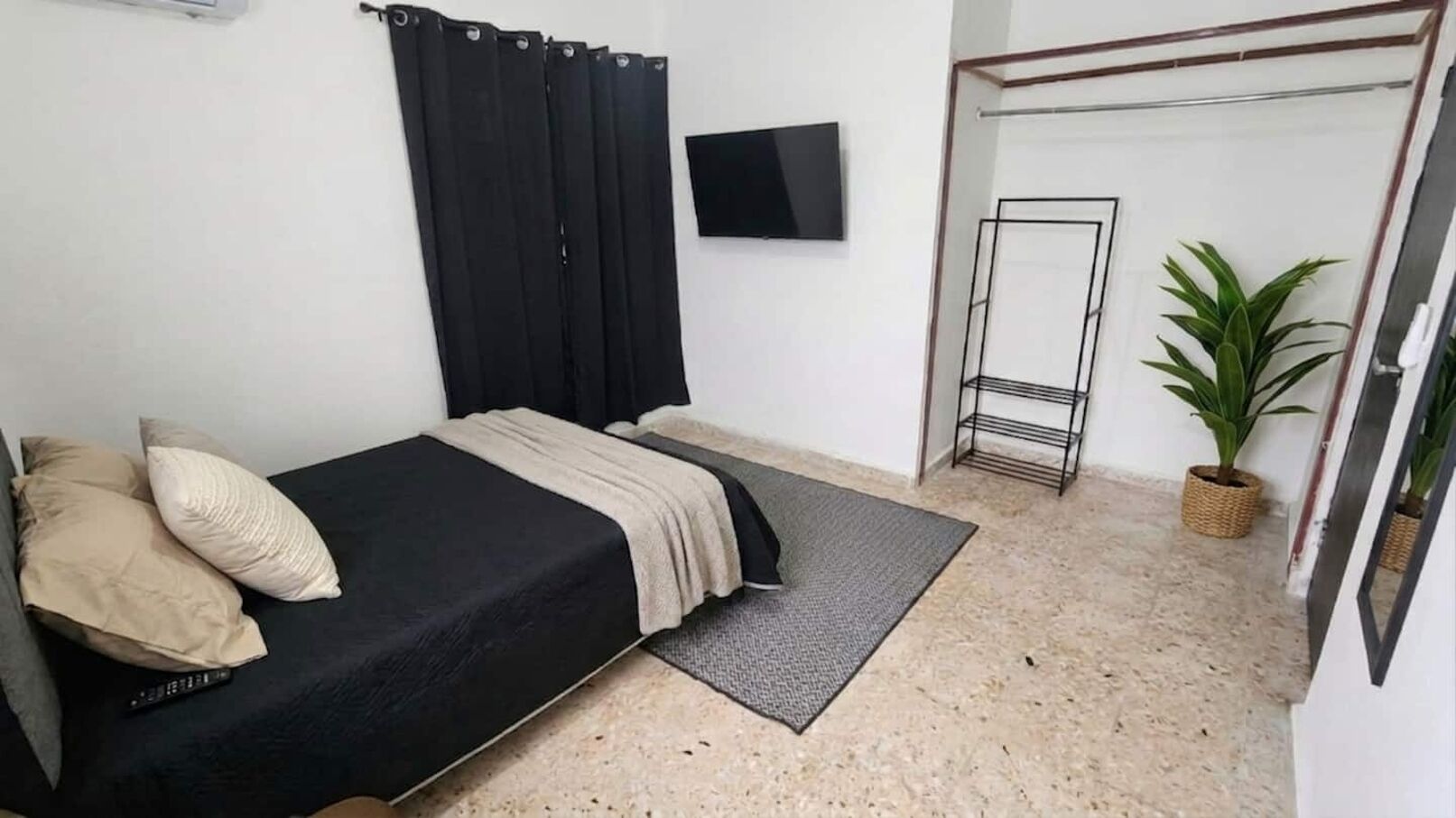 Een slaapkamer met een bed, een televisie, een deur en een kamerplant.