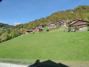 Eine Gruppe traditioneller Holzhütten an einem Hang, mit freiem Blick auf den umliegenden Wald und ein fernes Gebirge.