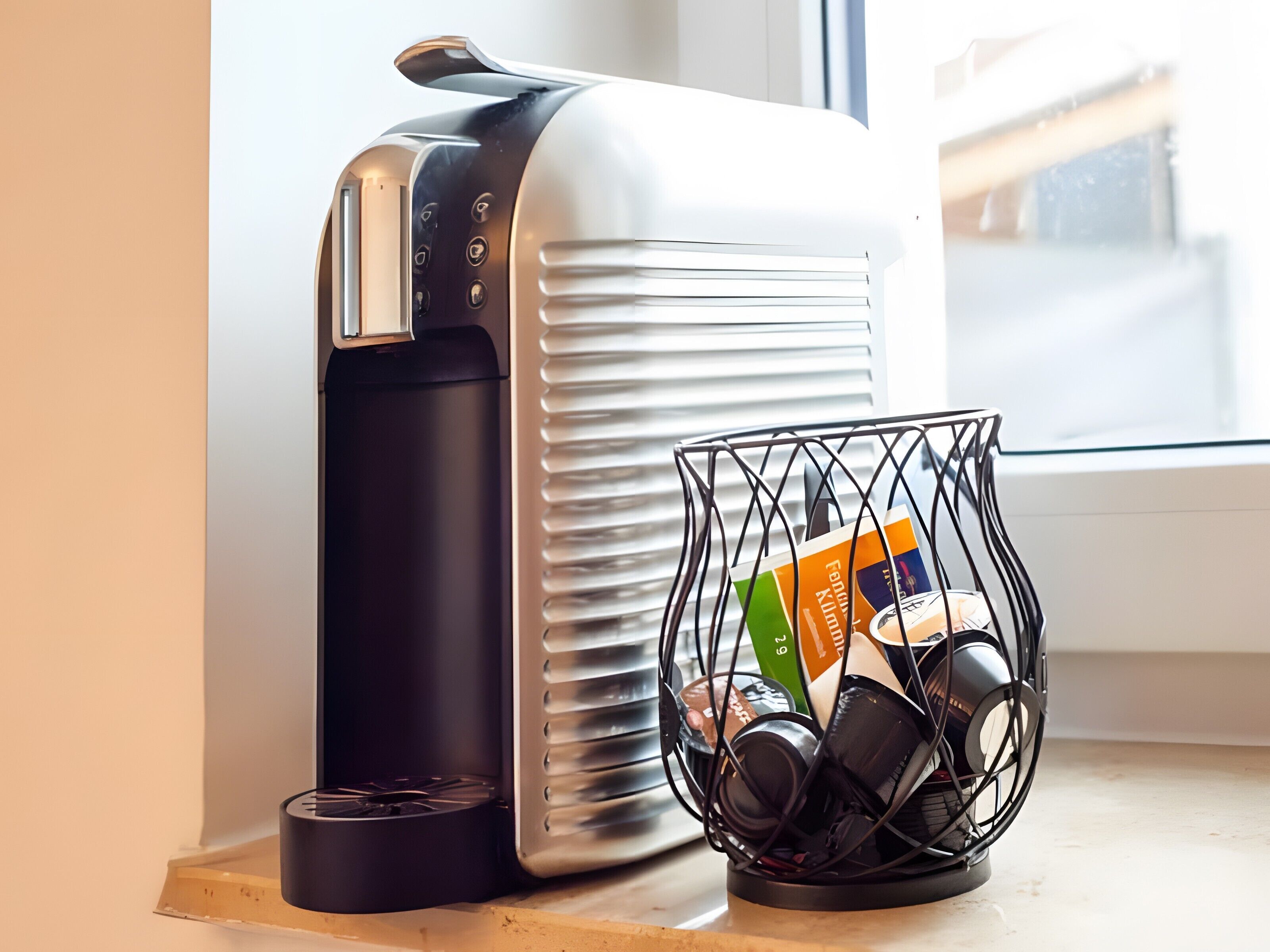 A coffee machine and a basket with coffee cups on a windowsill.