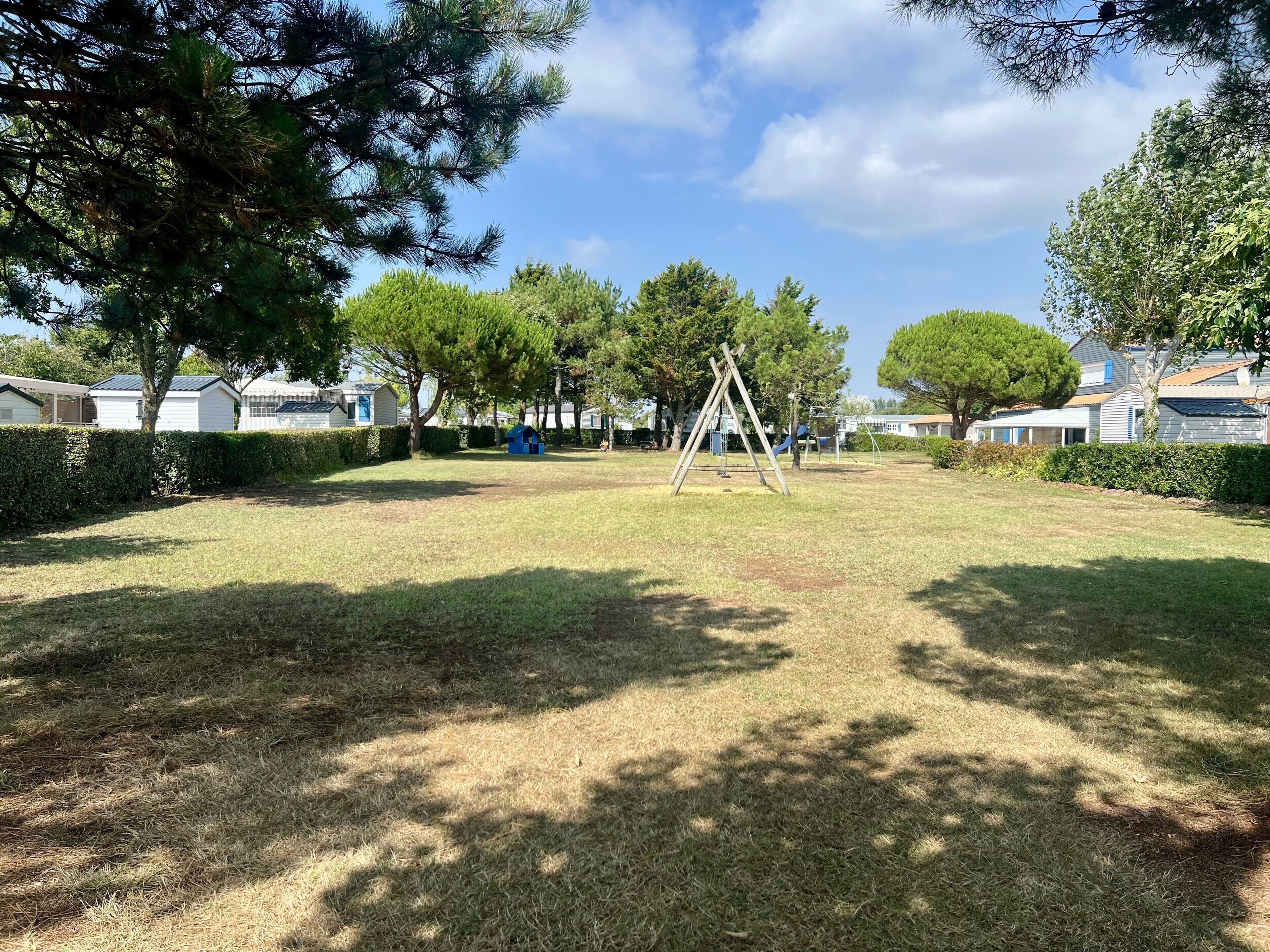 A park with a swing set, trees, and a row of mobile homes.