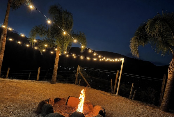 A nighttime outdoor setting with a fire pit, string lights, and palm trees.