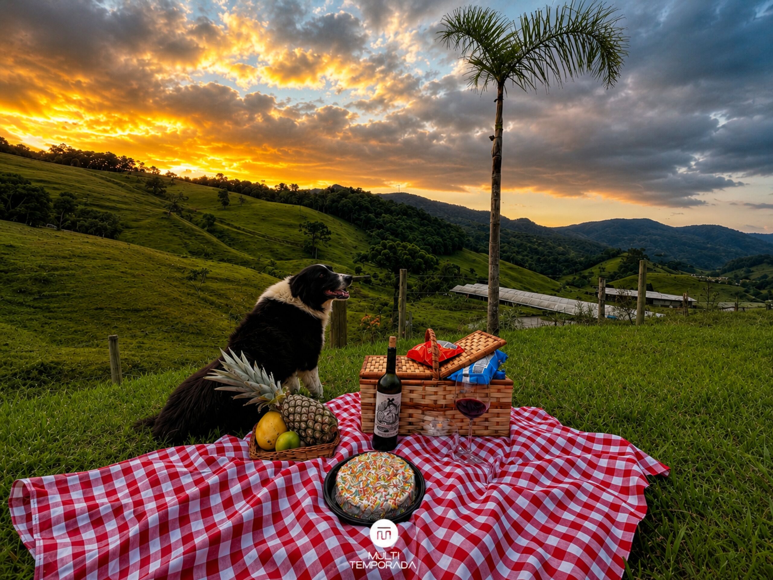 Un perro sentado sobre una manta de picnic con una cesta de comida y bebidas, una palmera y un paisaje panorámico al fondo.