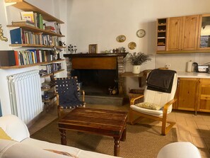 Ein gemütliches Wohnzimmer mit Kamin, Bücherregal, Esstisch und Küchenzeile.
