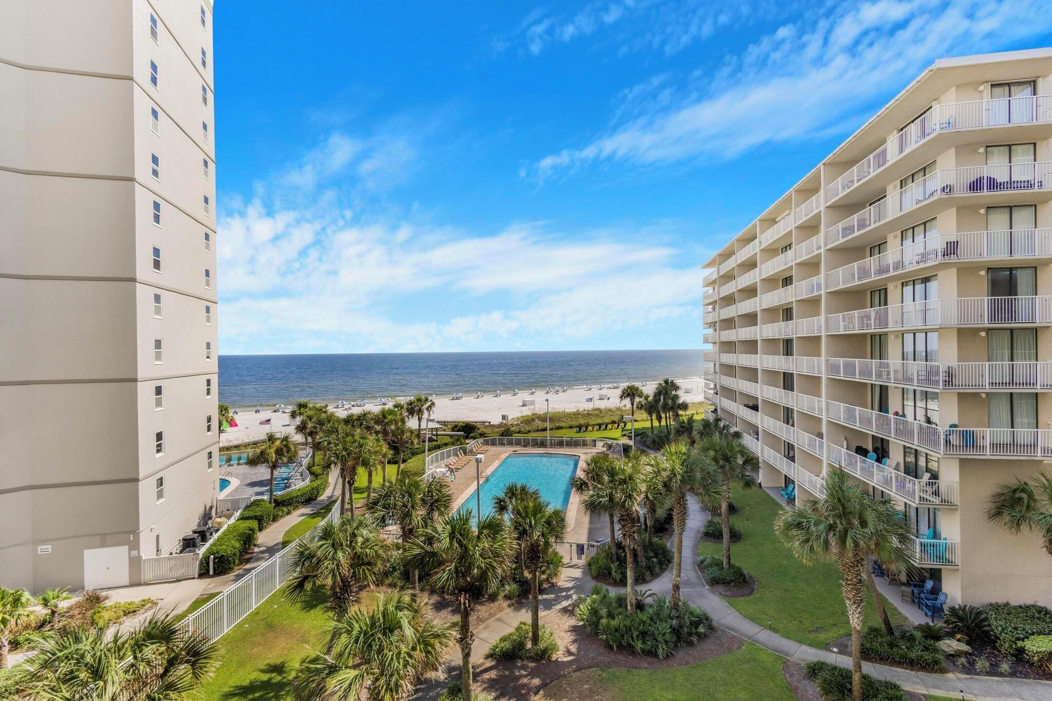 Un hôtel doté d’une piscine, de palmiers et offrant une vue sur la plage.