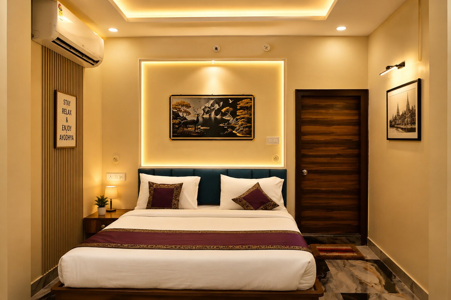 A hotel room with a bed, a wall-mounted air conditioner, a framed picture, and a door.