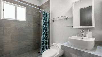 A bathroom with a shower, toilet, sink, and a mirror.