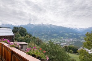 A mountainous landscape with a village below, a wooden structure with flowers in the foreground, and a cloudy sky.