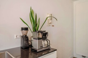 Une cuisine équipée d’une machine à café, d’un moulin à café et d’une plante en pot posée sur le comptoir.