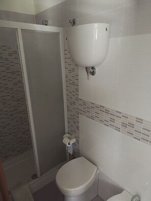 A bathroom with a toilet, a sink, and a shower stall.