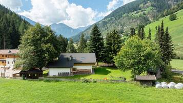A house with a sloped roof, surrounded by a well-maintained lawn and trees, with mountains in the background.