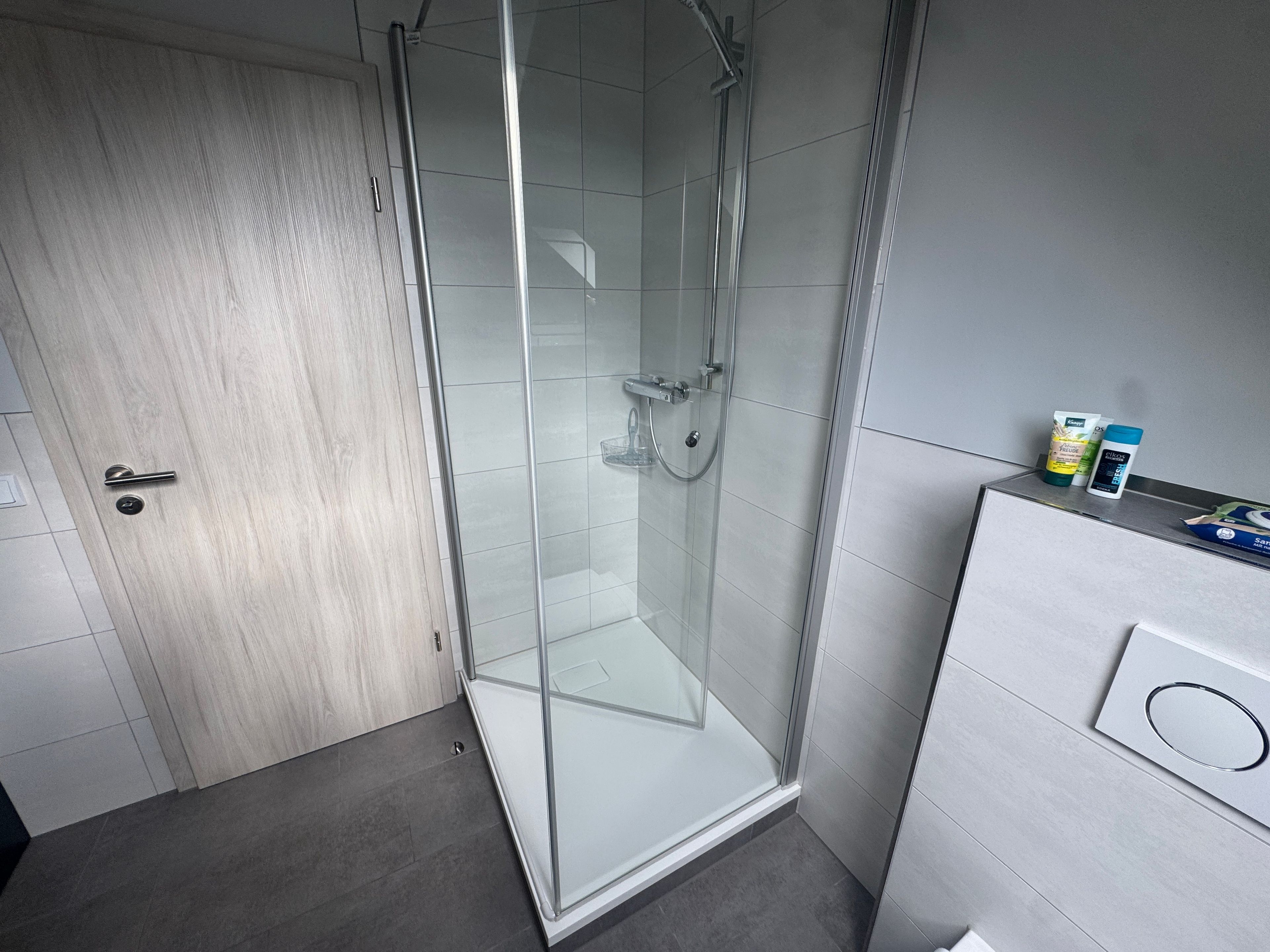 A modern bathroom with a glass shower enclosure, a wooden door, and a white vanity with toiletries.