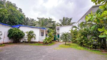 Una zona residencial con edificios blancos, un camino de grava y exuberante vegetación tropical.