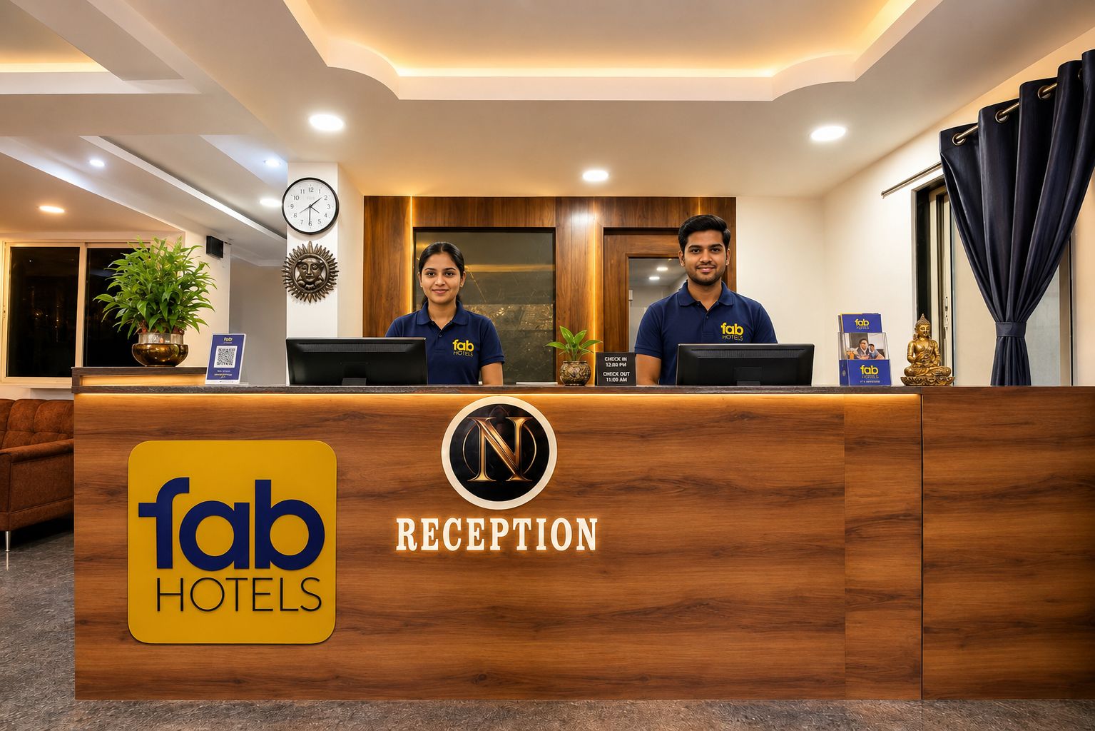 Un comptoir d’accueil dans un hôtel de la chaîne Fab Hotels, avec deux employés, une horloge et une statue de Bouddha.