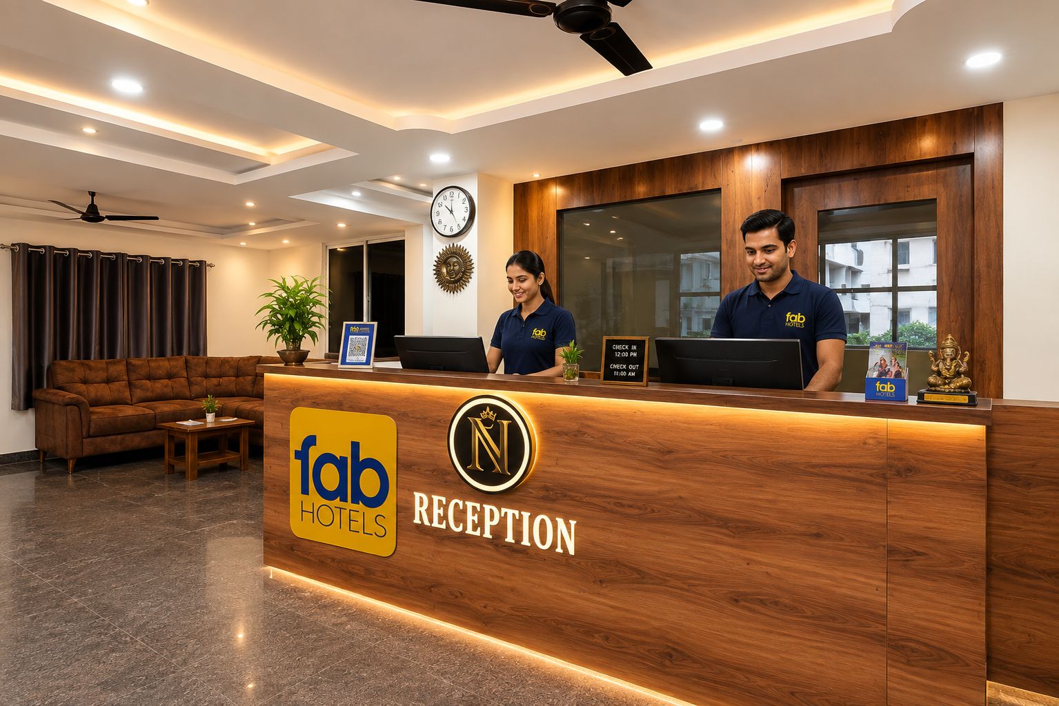 Zona de recepción de hotel con mostrador, dos empleados, un reloj y un ventanal grande.