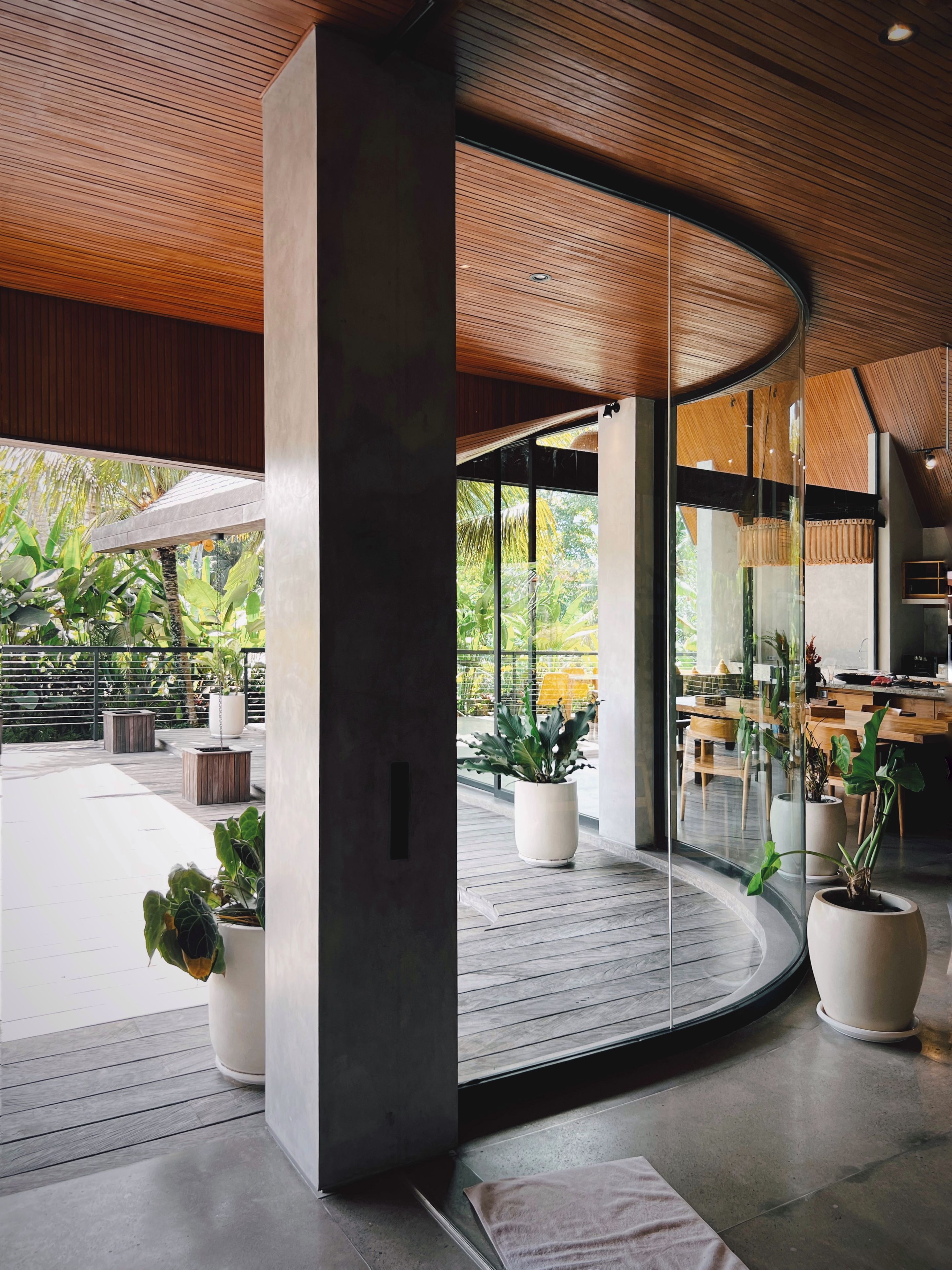 A modern interior with a curved ceiling, large windows, and potted plants.