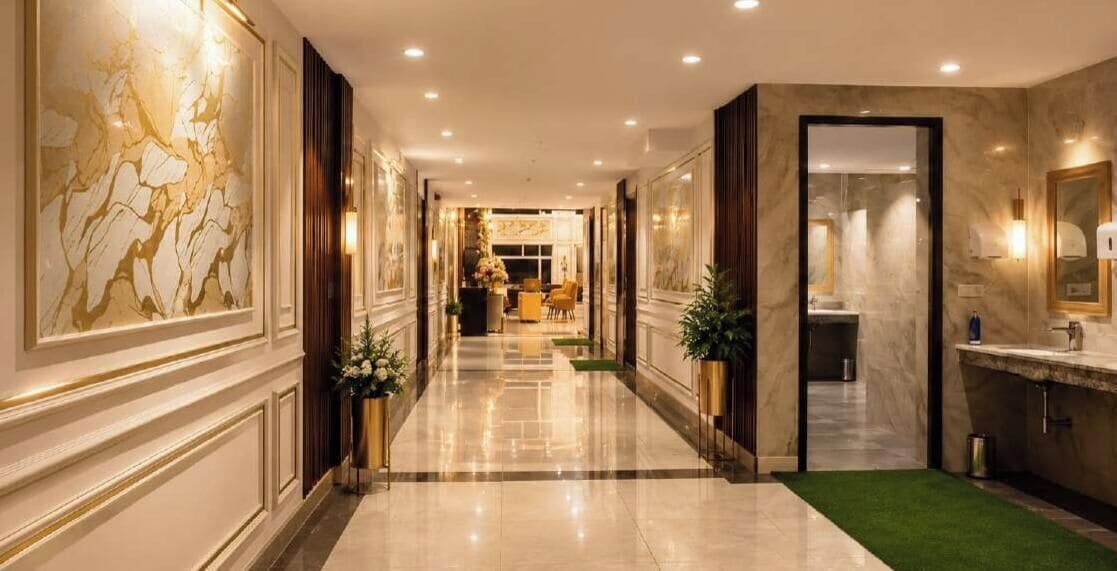 A hotel hallway with marble walls, a green carpet, and a reception area in the distance.