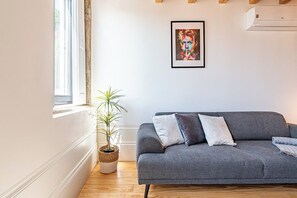 Un saló modern amb un sofà gris, una obra d'art emmarcada a la paret, una planta en test i una finestra que deixa entrar llum natural.