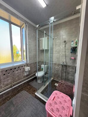 Dusche, Haartrockner, Handtücher, Seife
