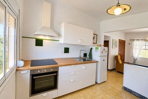 Eine moderne Küche mit eingebautem Backofen, einer Spüle und einer Holzausziehtafel.