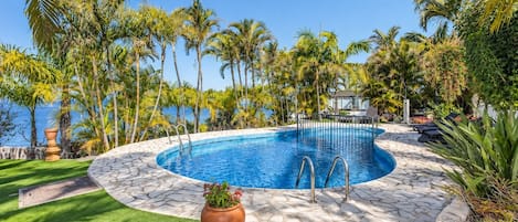 A circular pool with a stone edge, surrounded by palm trees and a view of the sea.