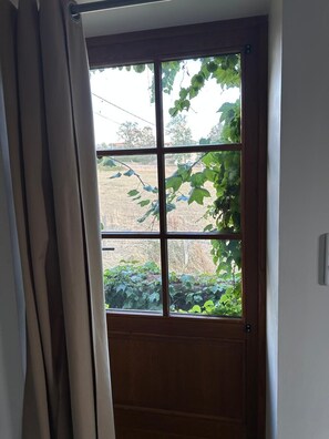 Eine Holztür mit einem Fenster, unterteilt in sechs Felder, mit halb heruntergezogenen Vorhängen und Blick auf viel Grün draußen.
