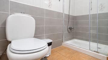 Un baño con inodoro, un cubo de basura y zona de ducha.