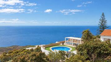 A pool with a view of the sea, a white building, and a tree.