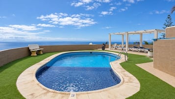 A swimming pool with a view of the ocean, surrounded by artificial grass and lounge chairs.