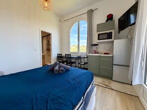 Ein Zimmer mit einem Bett, einem Schreibtisch, einem Stuhl, einer Dusche und einer Küchenzeile mit Fernseher und Mikrowelle.