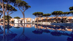 En pool som speglar träd och byggnader, med klarblå himmel.