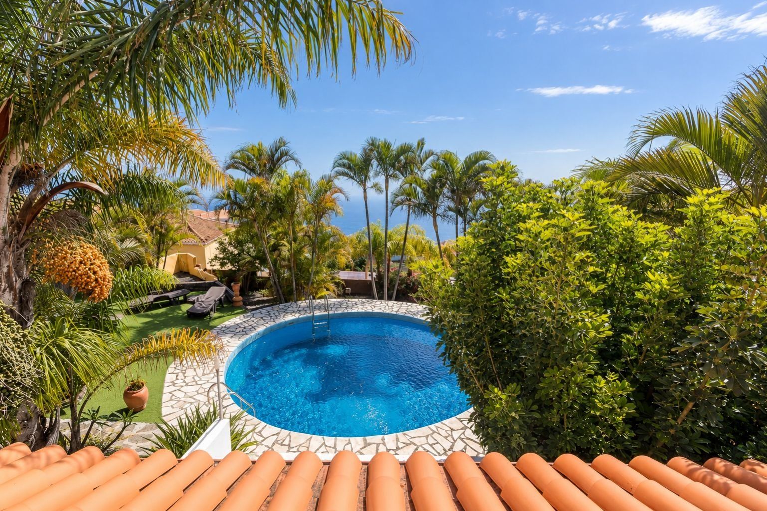 Una piscina circular con borde de piedra, rodeada de exuberante vegetación y palmeras, bajo un cielo azul despejado.