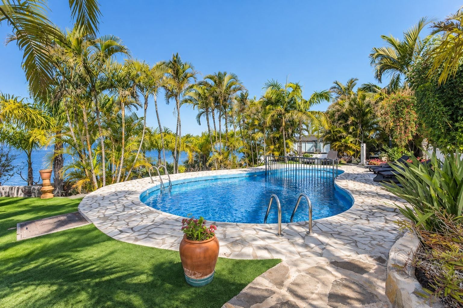 Una piscina circular con borde de piedra, rodeada de palmeras y vista al mar.
