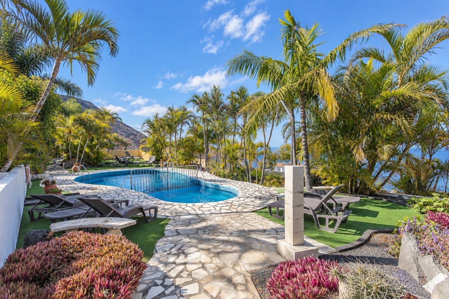 Un área de piscina con cubierta de piedra, sillas de descanso y plantas tropicales.