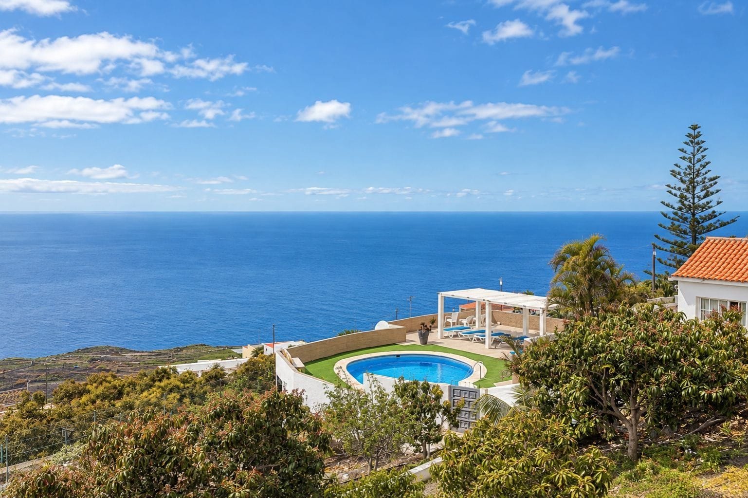 Una piscina con vista al mar, un edificio blanco y un árbol.