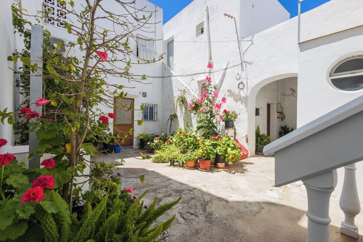A courtyard with potted plants and flowers, a white building with an arched doorway, and a staircase.