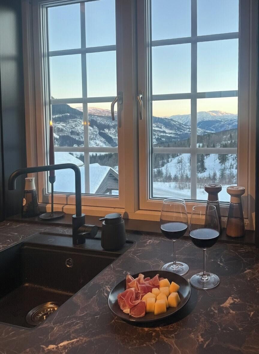 Eine Küche mit Blick auf schneebedeckte Berge, ein Spülbecken, ein Teller mit Käse und Wurstwaren sowie zwei Gläsern Rotwein.
