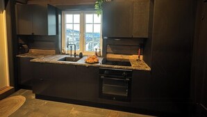 A modern kitchen with a built-in oven, a sink, and a window overlooking a snowy landscape.