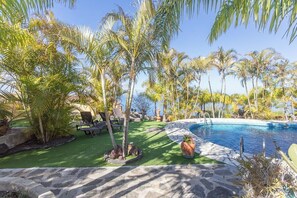 Zona de piscina con palmeras, un camino de piedra y vista al océano.