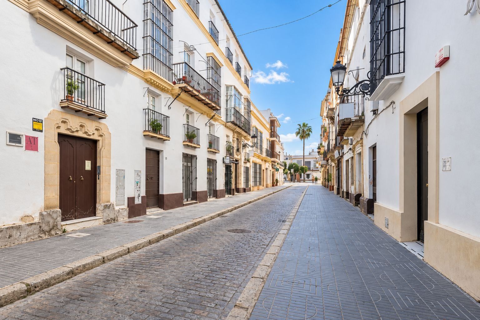 A cobblestone street lined with white buildings, some with balconies and windows.