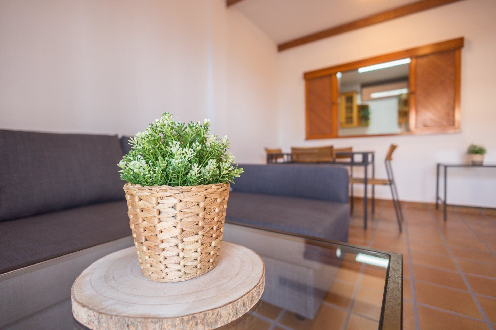 A woven basket with green plants on a round wooden coaster, placed on a glass table in a room with a gray sofa and a wooden-framed window.