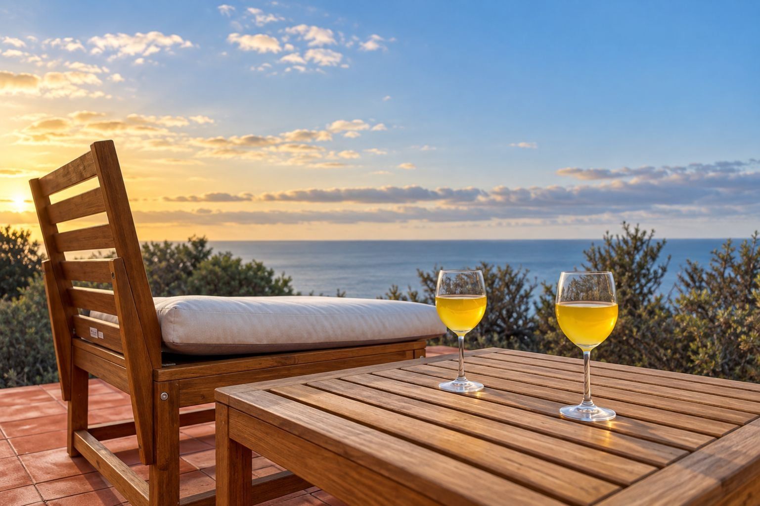 A wooden outdoor seating area with a view of the sea.