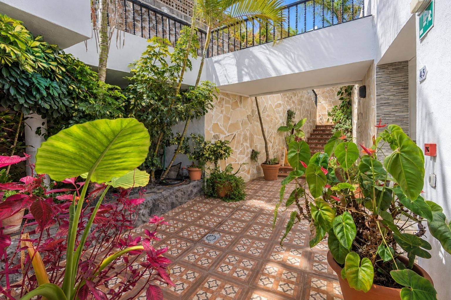 Un patio con plantas en macetas, piso de baldosas y pared de piedra.