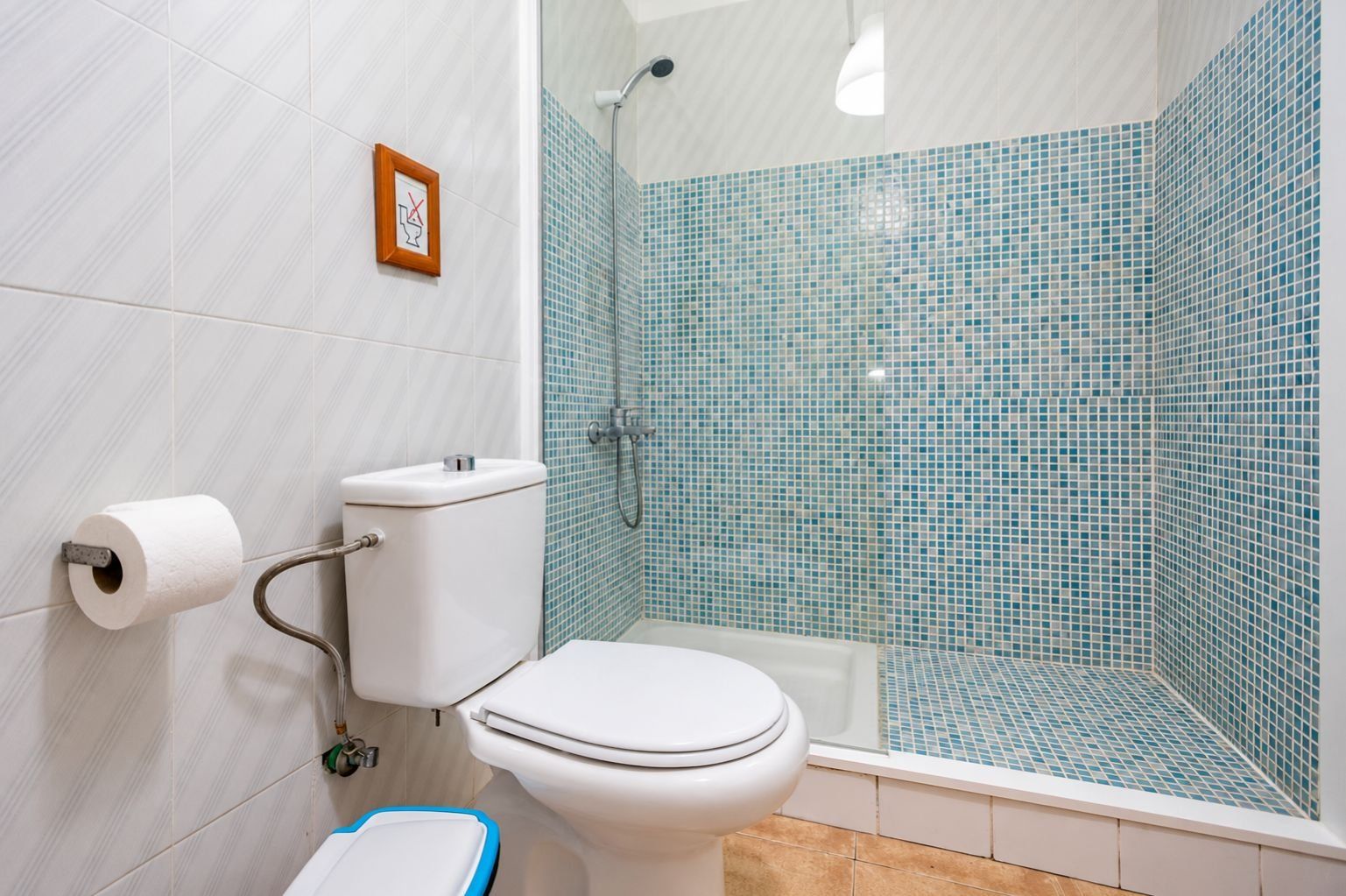 Ein Badezimmer mit Toilette, Dusche und gefliesten Wänden.