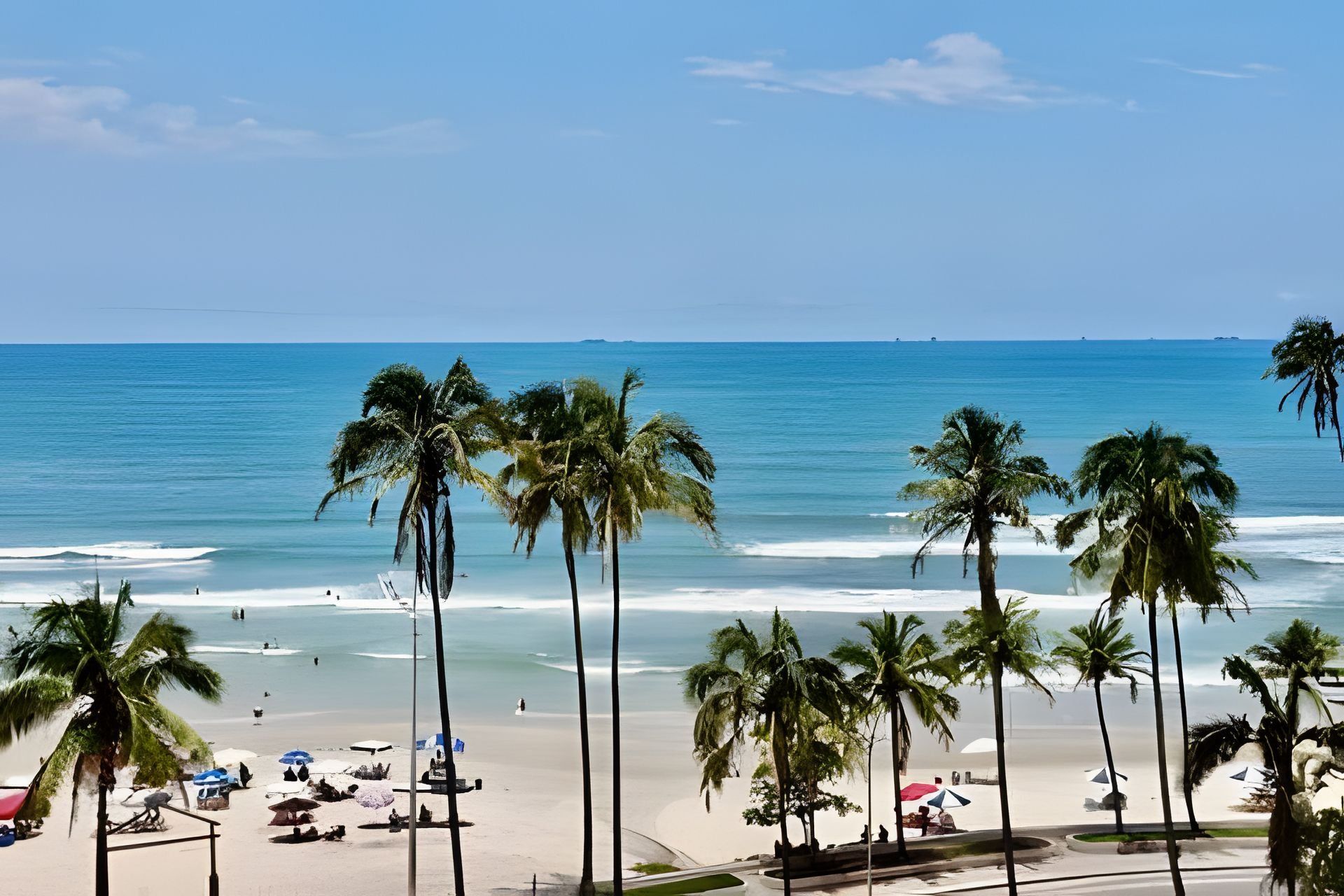Una playa con palmeras, arena y el océano.