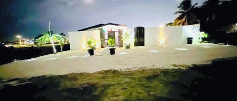 A modern building with a flat roof, potted plants, and a well-lit entrance.