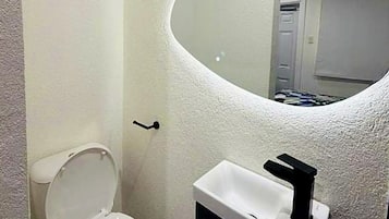 Baño con inodoro, lavamanos y espejo.